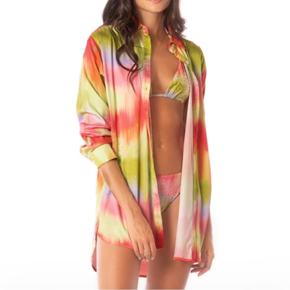 Maaji Lime Ombré Shibori Tie-Dye Swim Cover-Up Long ButtonUp Shirt Med